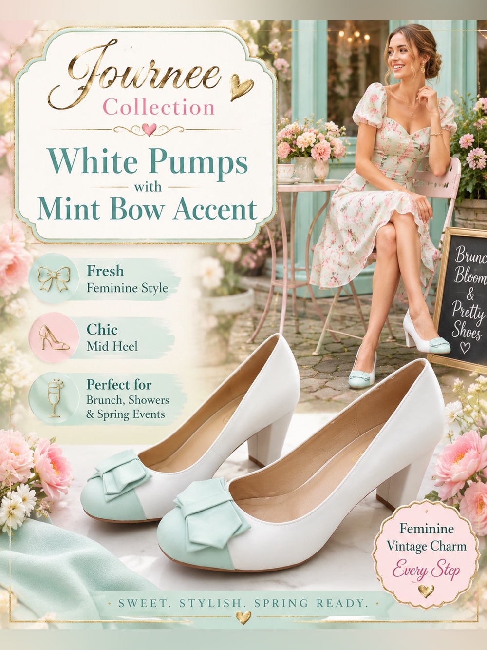 Journee Collection White Pumps with Mint Bow Accent